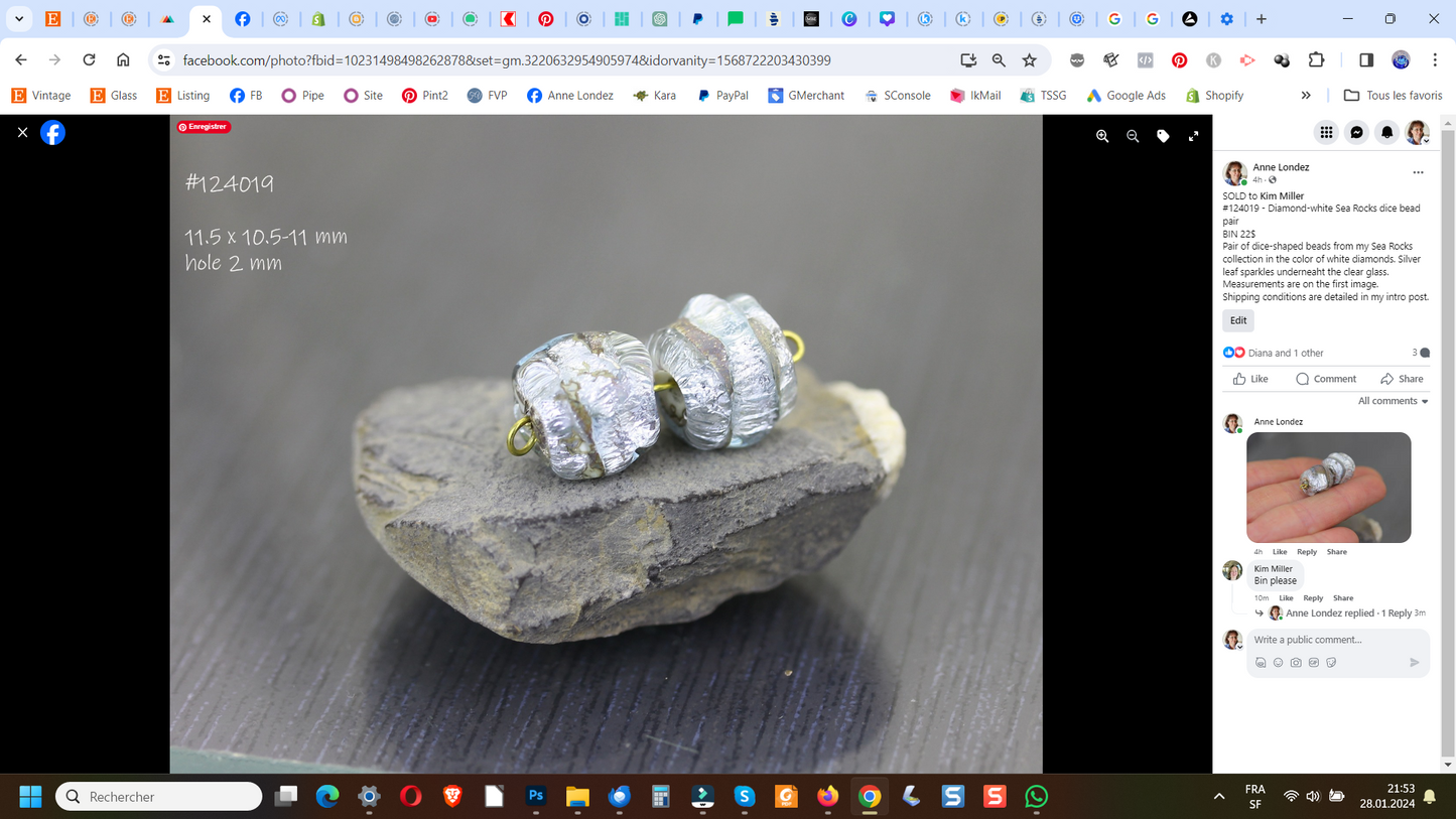#124019 - DIamond white Sea Rocks bead pair
