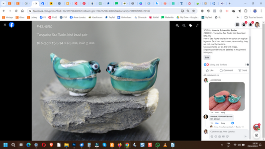 2 Perles en verre Oiseaux bleu vert Sea Rocks #224030