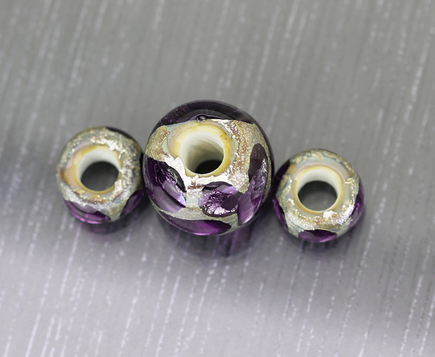 Purple Sea Rocks lampwork glass bead trio with large holes bhb lhb