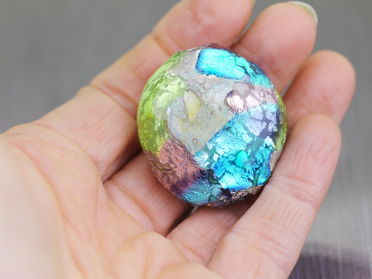 Blue, pink & green Sea Rocks blown lentil focal Glass Bead #2510004