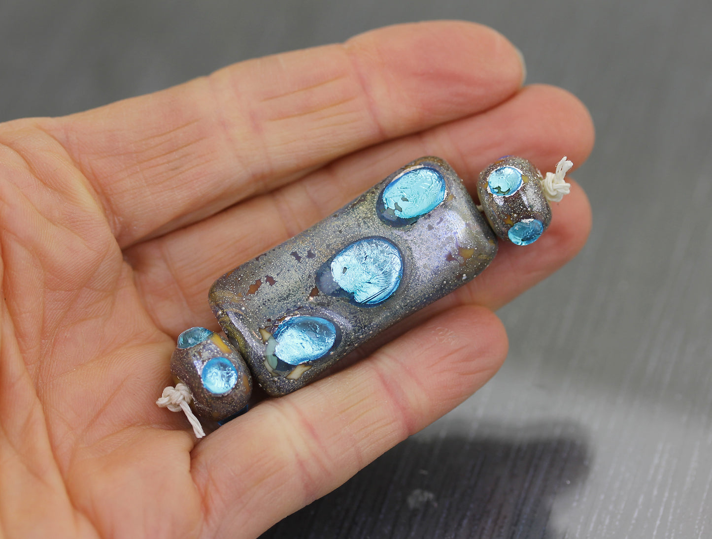 Chunky aqua blue & gray focal lampwork glass bead + spacers