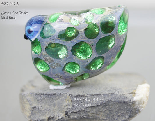 green and gray lampwork glass brid focal bead with fine silver sparkling under the green inclusions