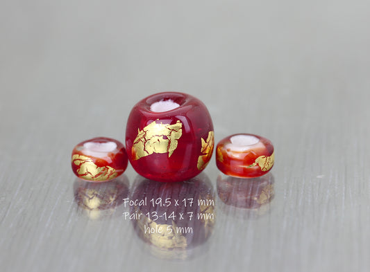#124006 - Red & gold large hole bead trio