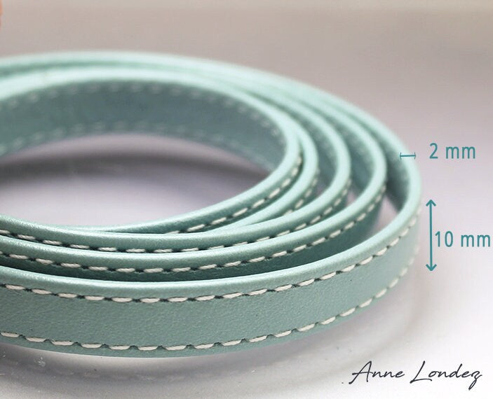 Ruban cuir turquoise plat 10mm x 2mm 1 foot (31 cm) double couture lanière cuir de chèvre