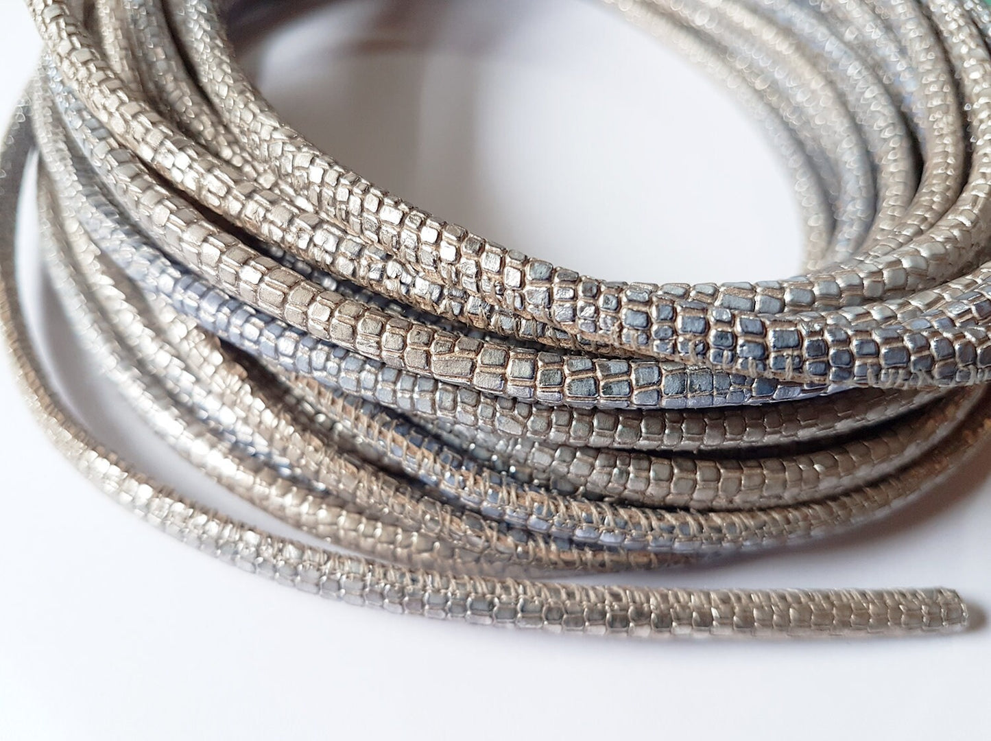 31 cm Cordon en cuir cousu bleuté metallisé Cuir argent Lacet en cuir imprimé reptile cuir 4 mm rond