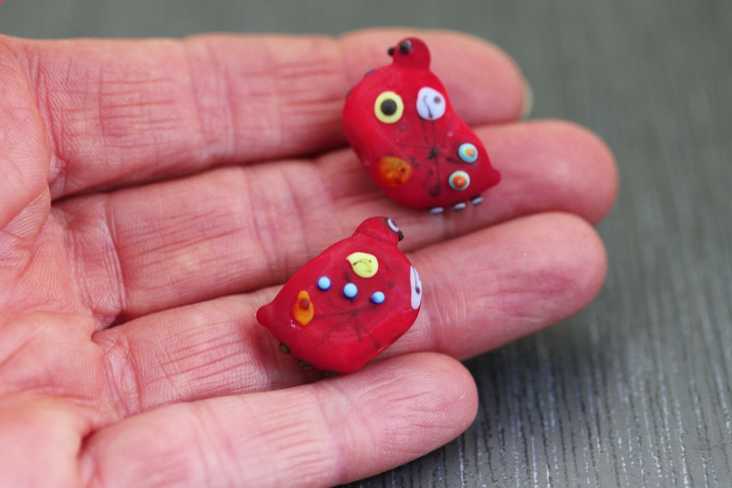 2 Perles en verre Oiseaux rouges Miro. Lot de perles assorties. Perles de verre au chalumeau lampwork perles d'art Anne Londez SRA OOAK
