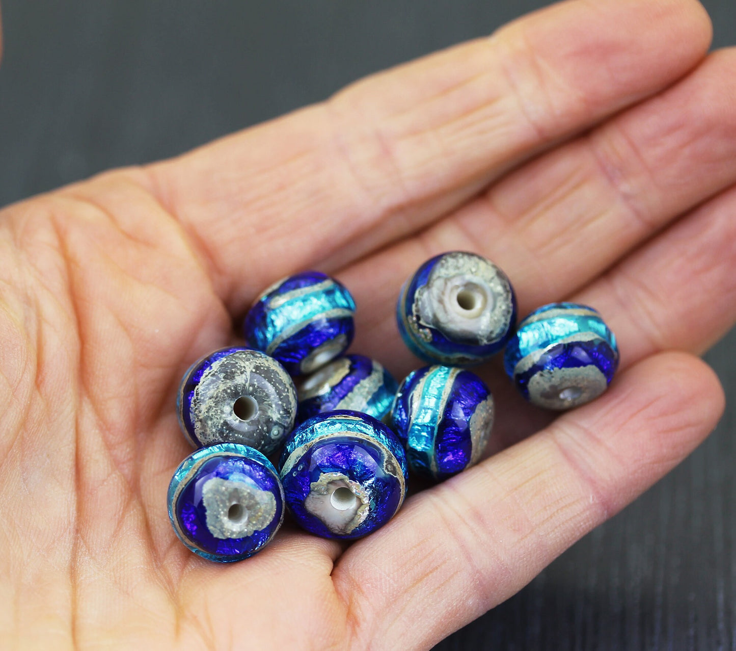 Lot de 8 perles bleues turquoise & cobalt. Duo de perles pour boucles d'oreilles bleues. Perle en verre Anne Londez SRA