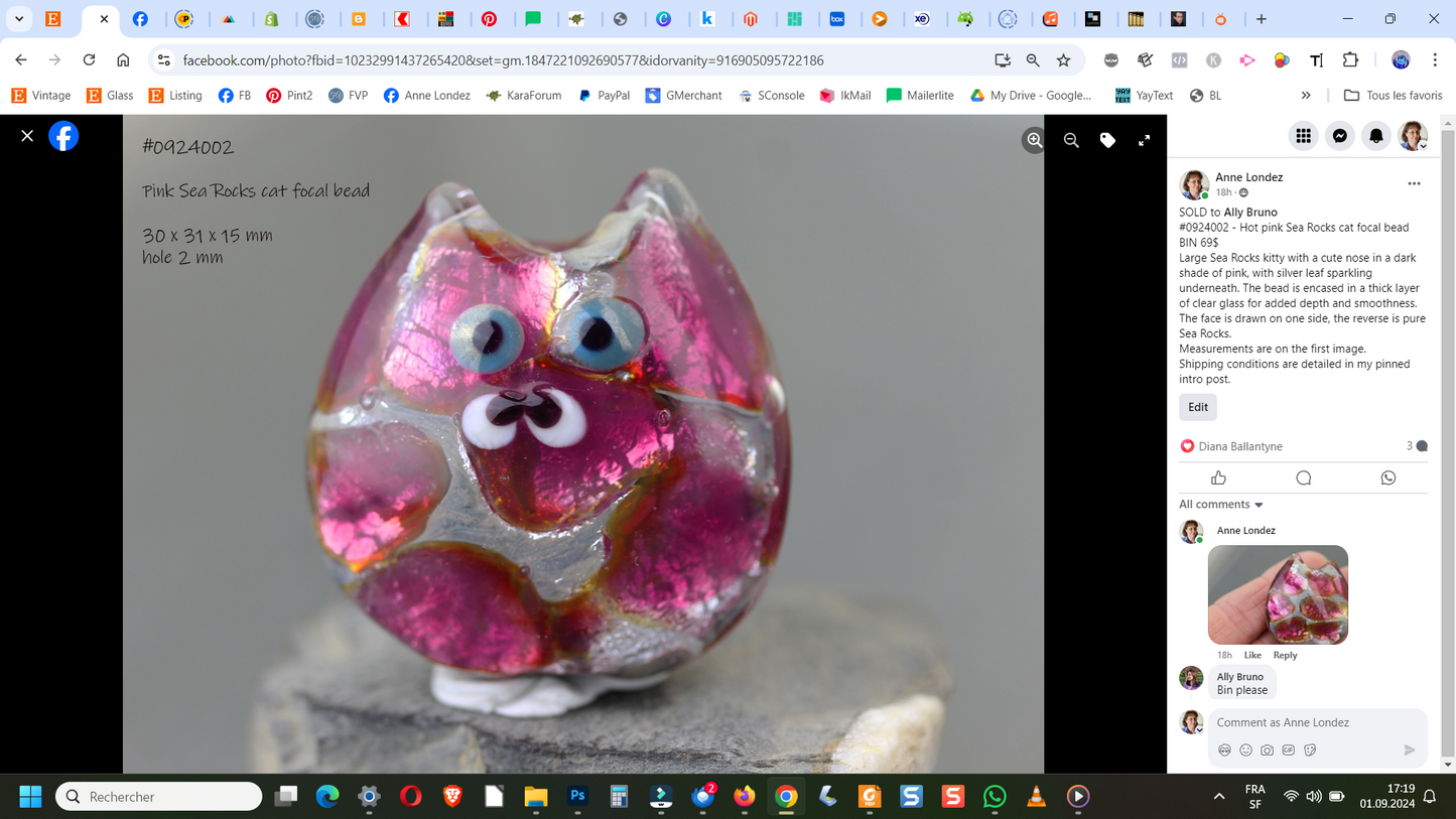 Hot pink Sea Rocks cat focal bead #0924002