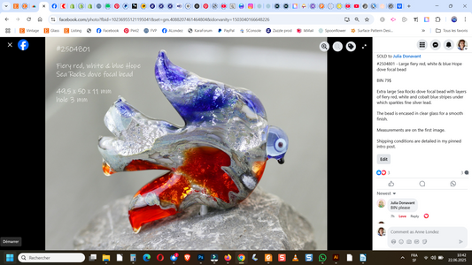 #2504801 - Large fiery red, white & blue Hope dove focal bead