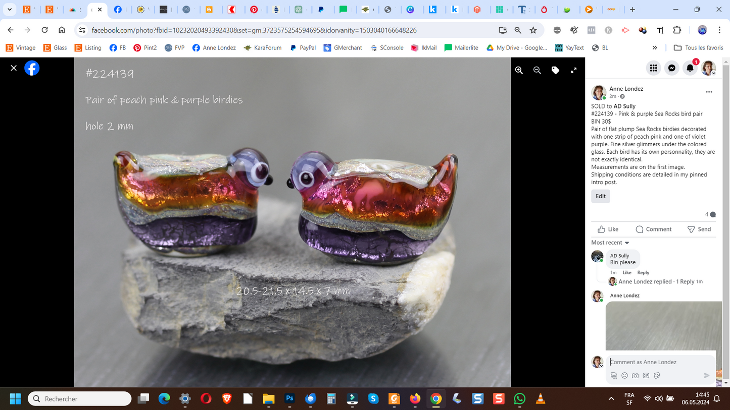 Pink/purple Sea Rocks bird bead pair #224139
