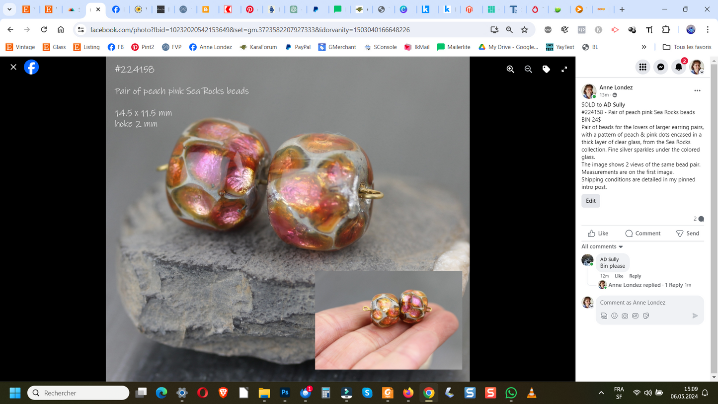 Peach pink Sea Rocks bead pair #224158