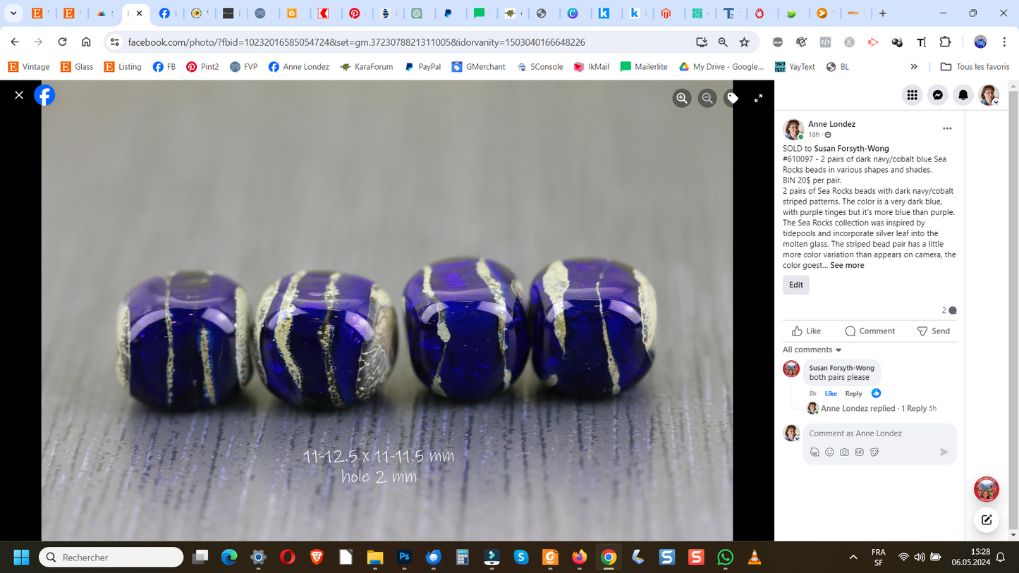 2 pairs of cobalt blue Sea Rocks dice beads #610097