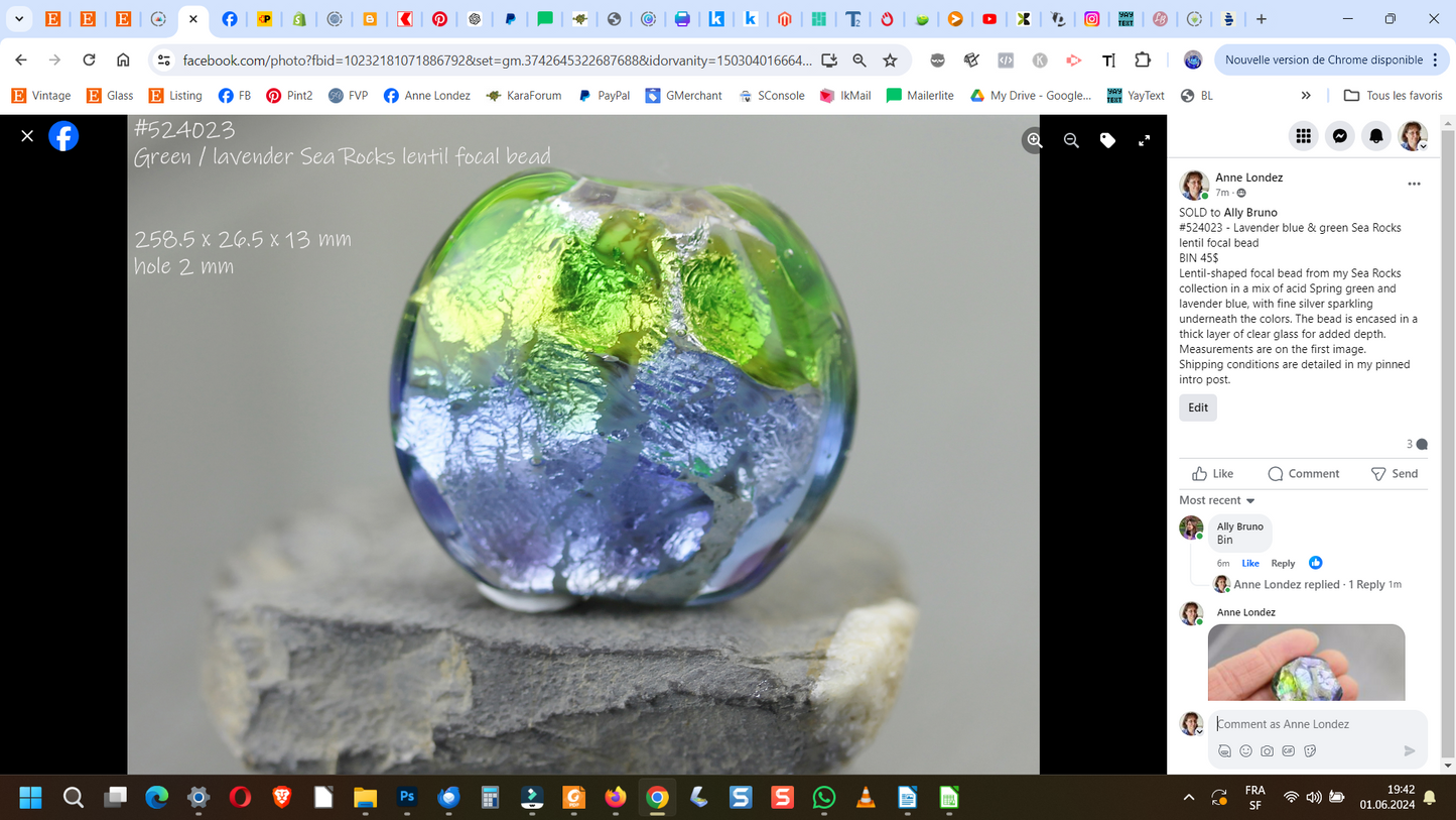 Lavender & green Sea Rocks lentil focal bead #524023