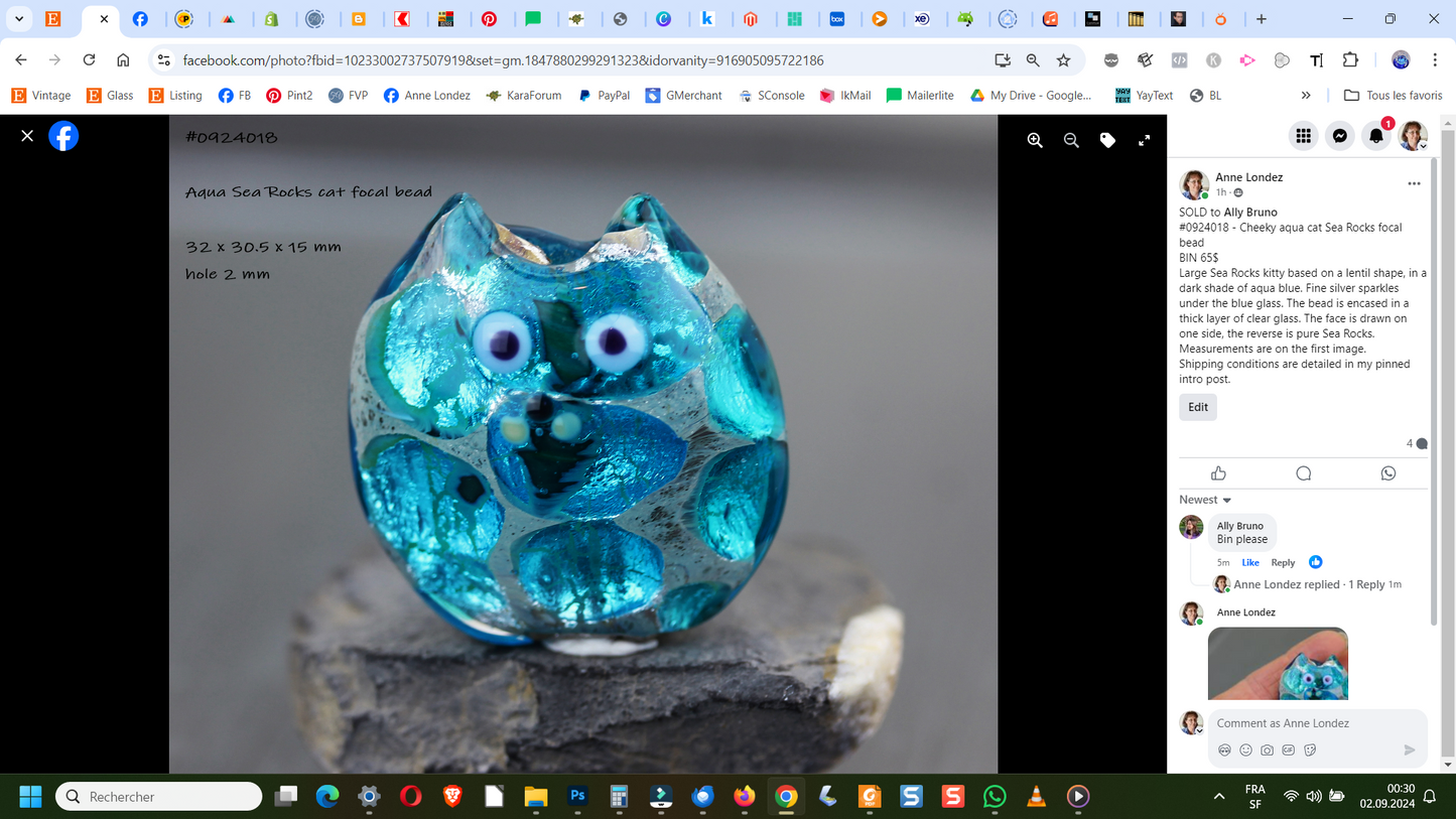 Cheeky Aqua Sea Rocks cat focal bead #0924018