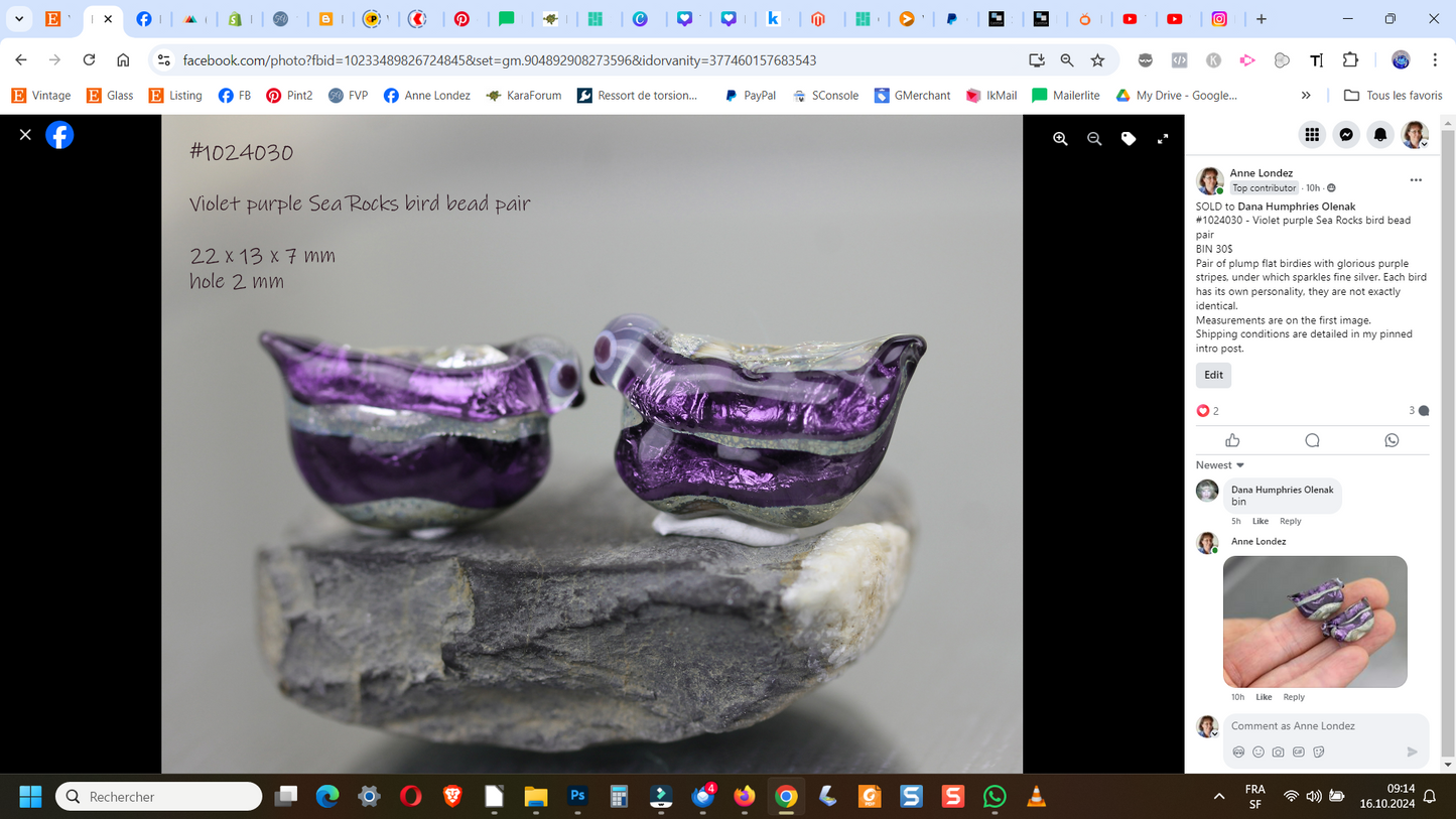 Purple Sea Rocks bird bead pair #1024030