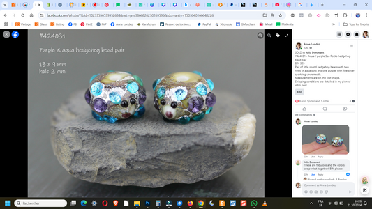 Purple & aqua Sea Rocks hedgehog bead pair #424031