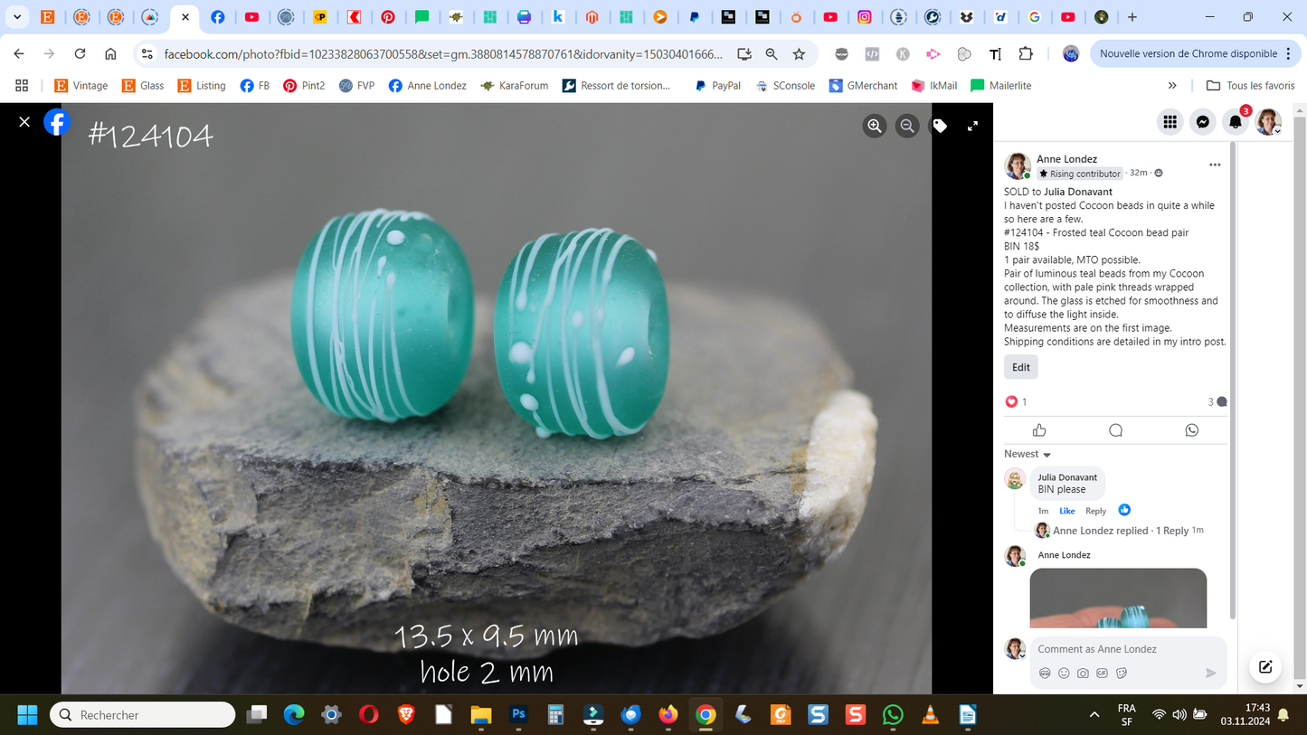 Etched teal Cocoon bead pair #124104