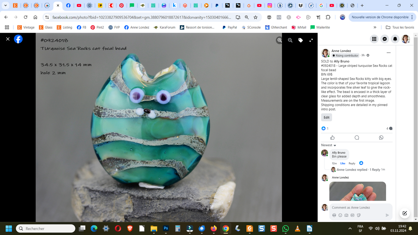 Turquoise Sea Rocks cat focal bead #0924018b