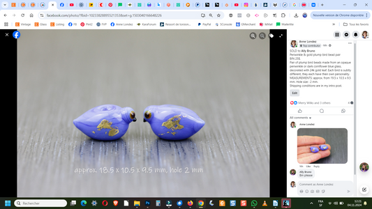 Periwinkle and gold bird bead pair