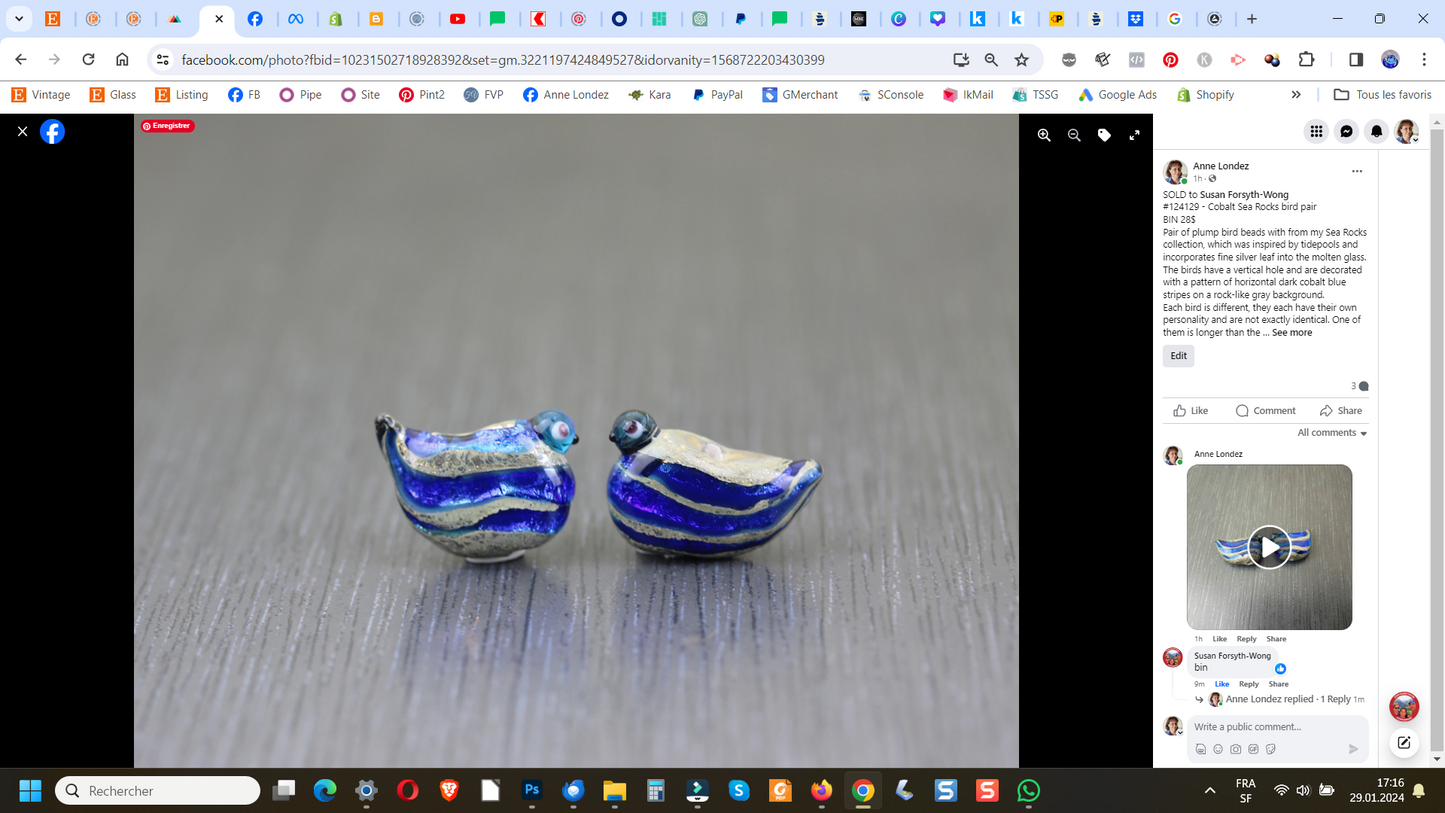 2 Perles en verre Oiseaux Sea Rocks bleu cobalt