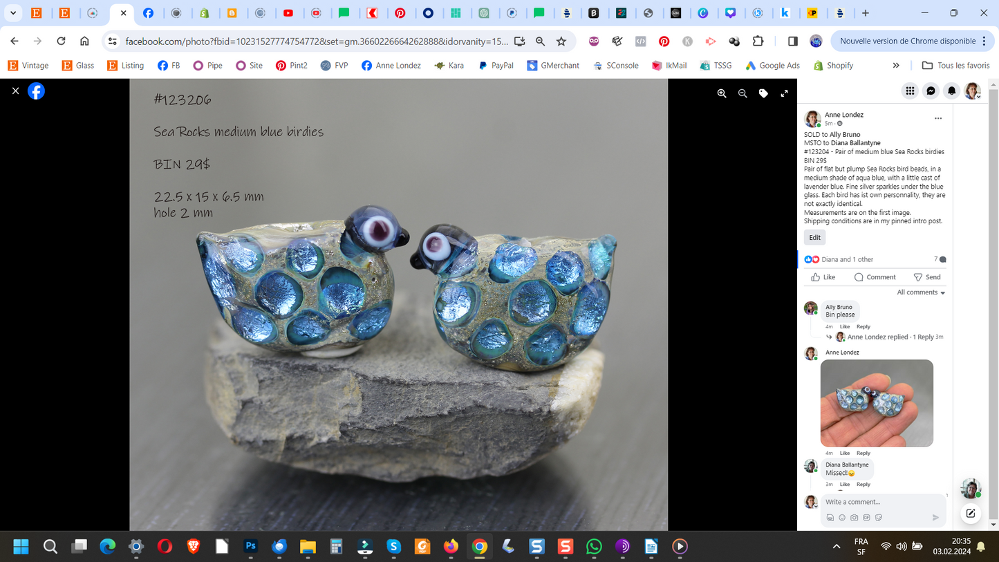 Pair of medium blue Sea Rocks bird beads