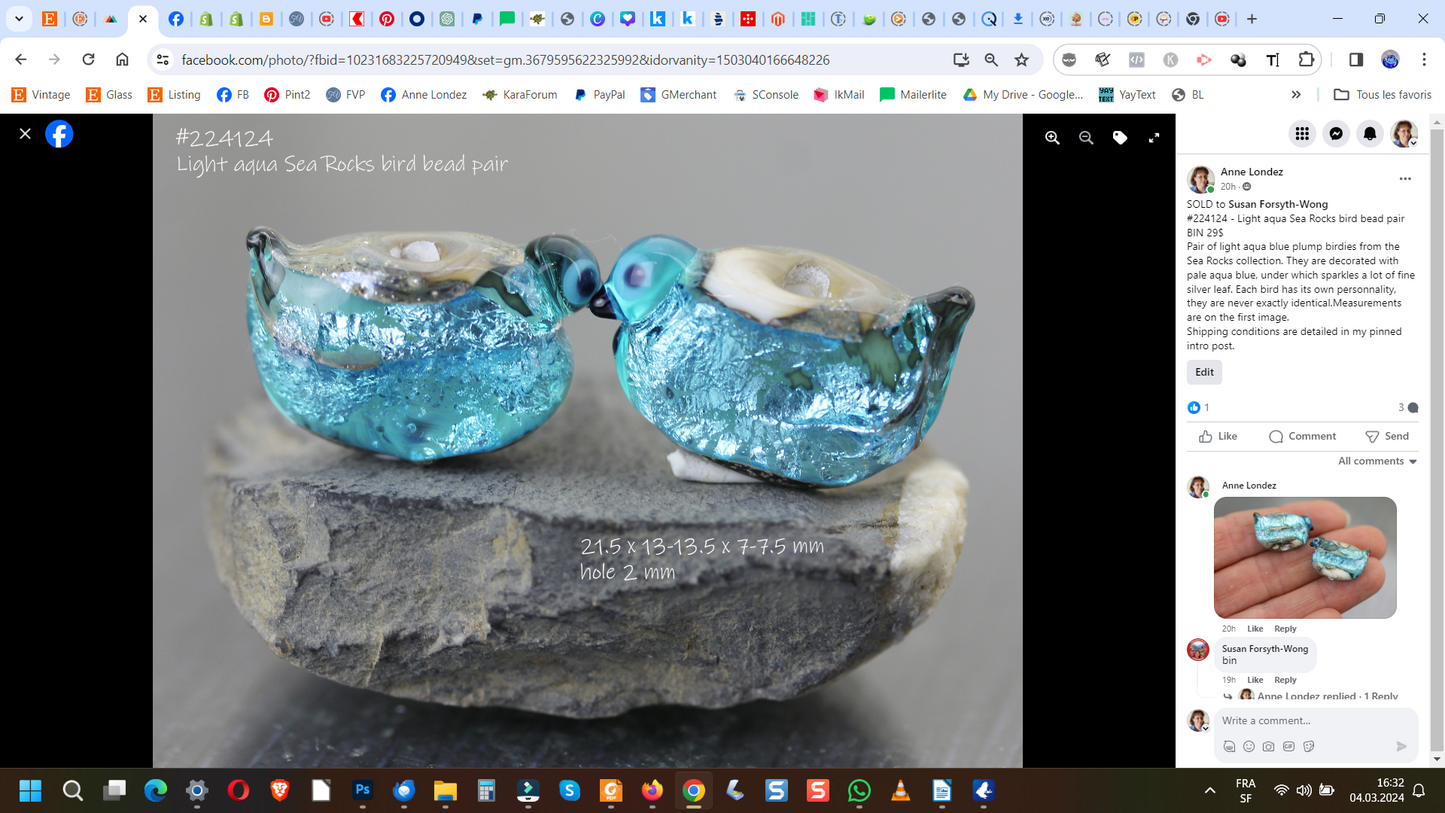 2 Perles en verre Oiseaux bleu vert Sea Rocks #224124