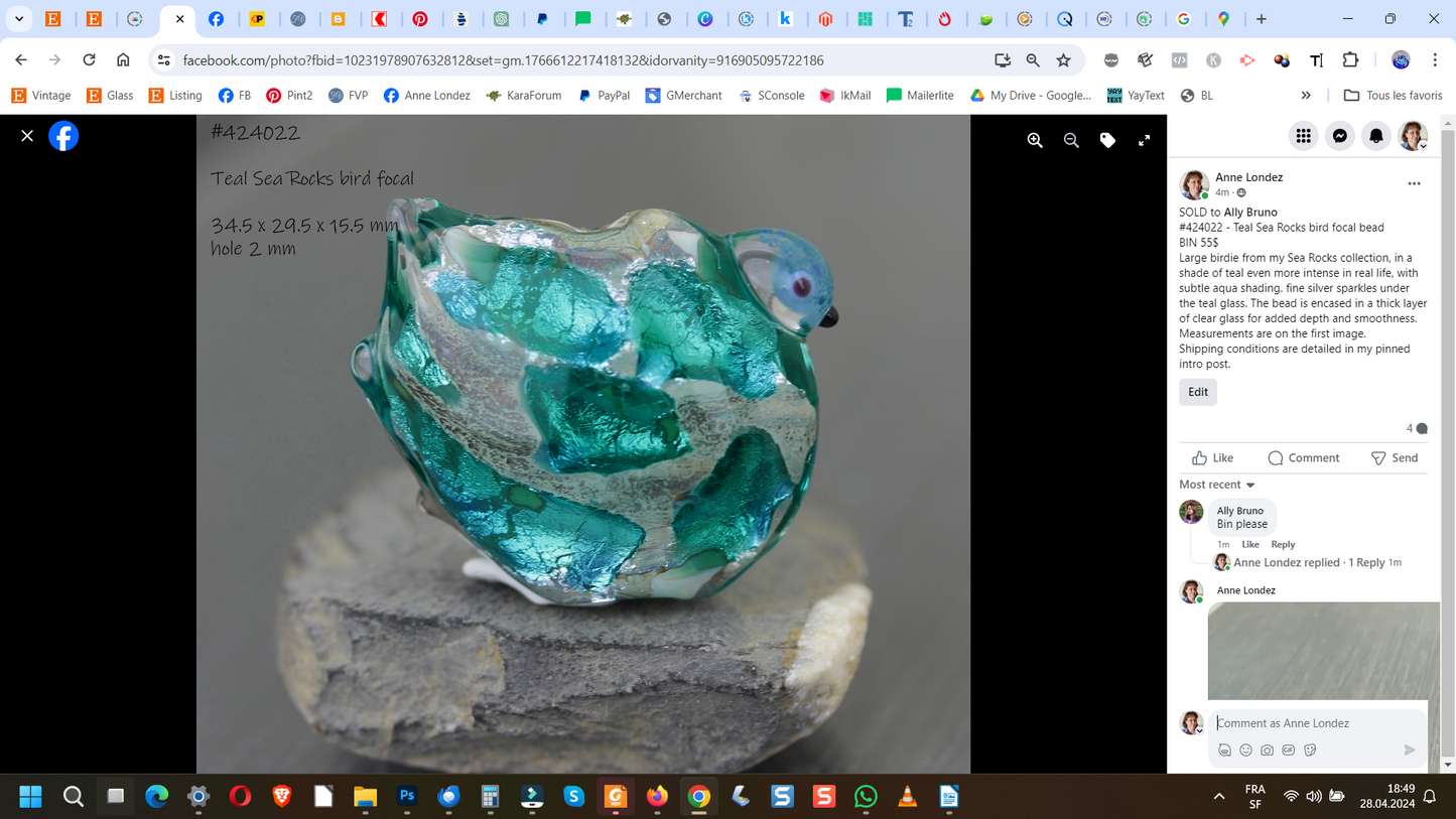 Teal Sea Rocks Bird focal bead #424022