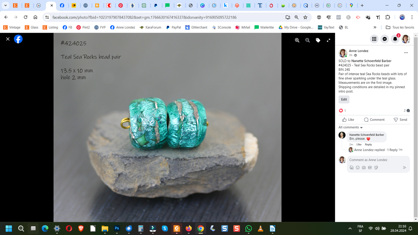 Teal Sea Rocks bead pair  #424025