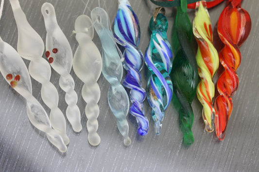 Lampwork glass icicles and candy cane inspired Christmas decorations