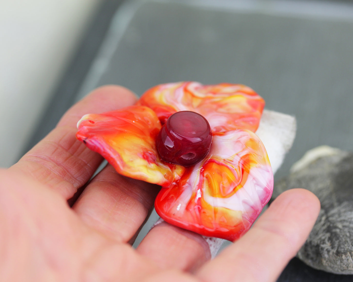 Grande fleur en verre orange & rose #2605229