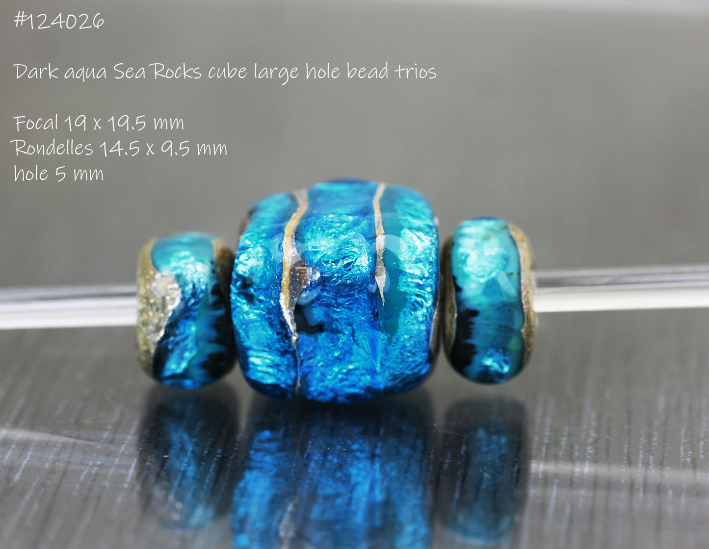 #124026 - Dark aqua Sea Rocks cube large hole bead trio
