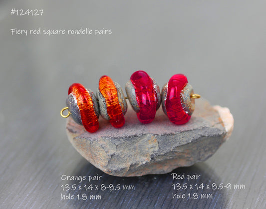 2 pairs of Fiery red Sea Rocks rondelles pair - #124127
