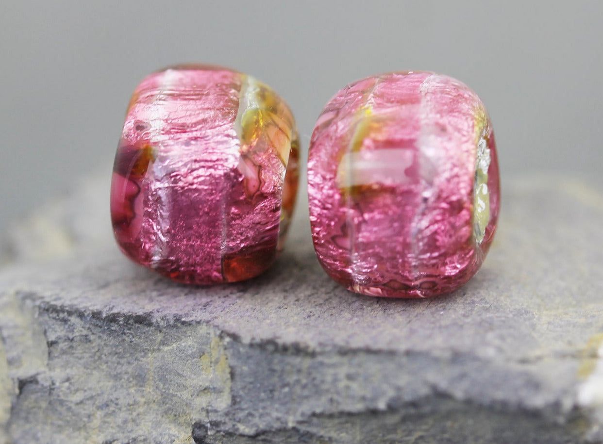 pair of hot pink sparkling Sea Rocks lampwork glass bead pairs by Anne Londez shaped like dice or cubes