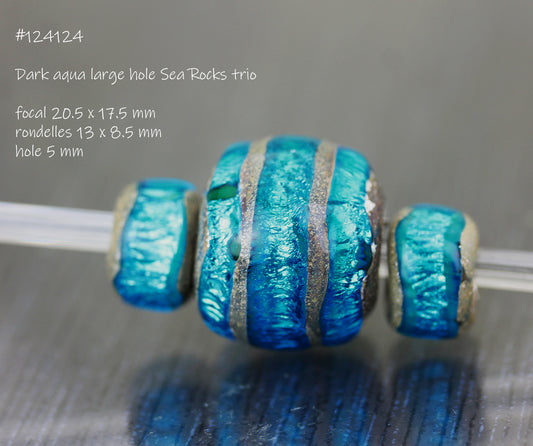 #124124 - Dark aqua Sea Rocks large hole bead trio