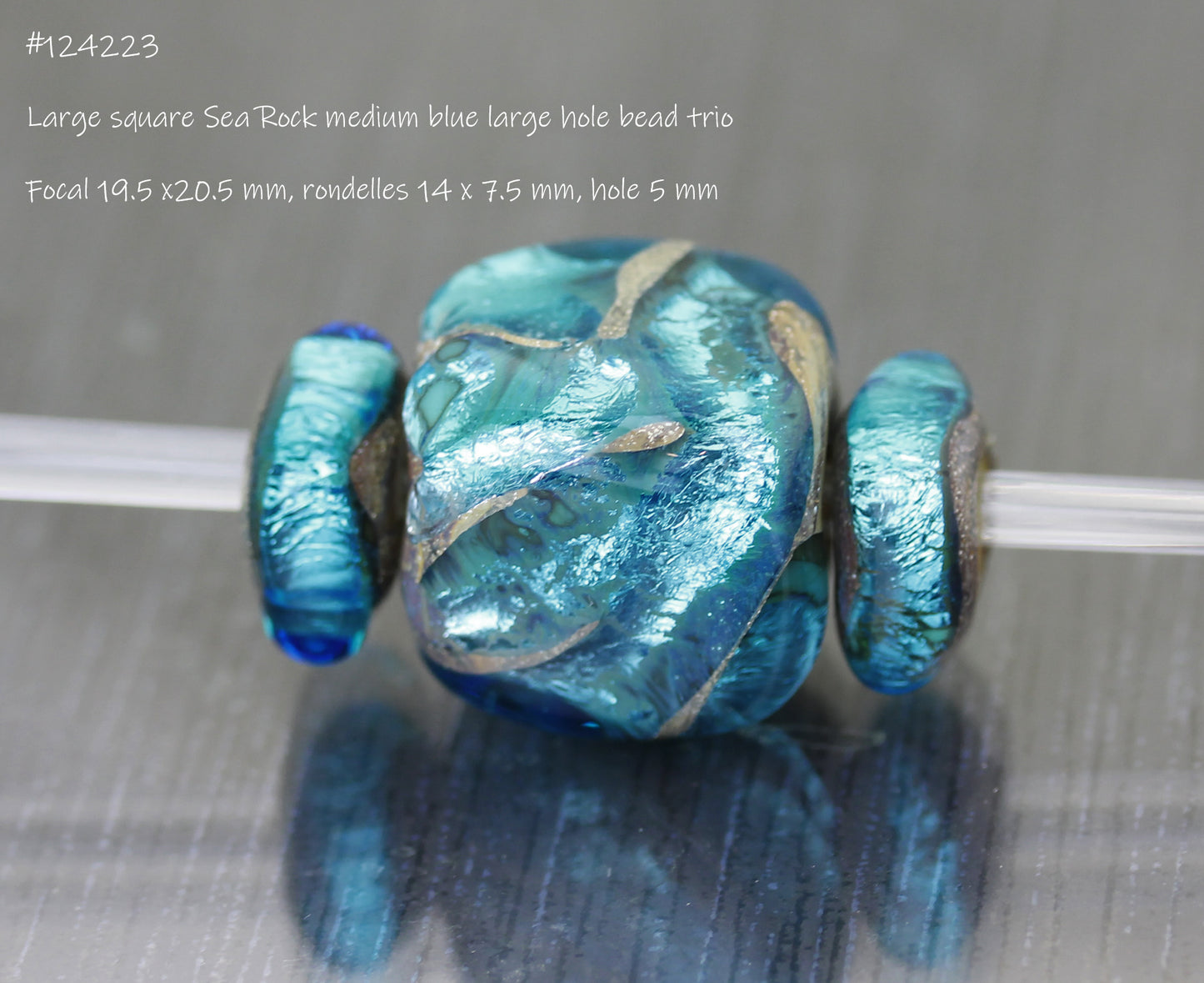 #124223 - Medium aqua blue Sea Rocks cube large hole bead trio