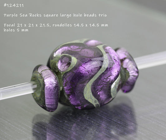 Purple large hole Sea Rocks cube bead trio#124211