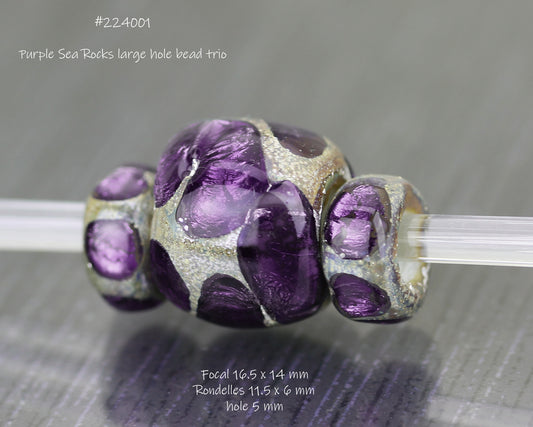 Purple Sea Rocks lampwork glass bead trio with large holes bhb lhb