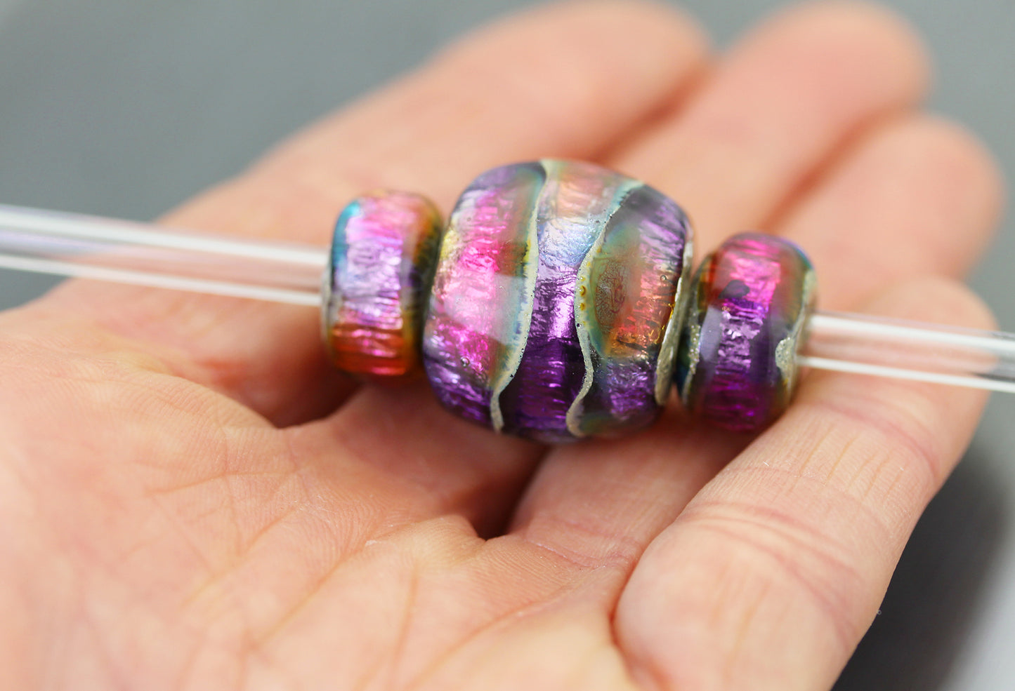 Rainbow Set of 3 hot pink, blue & purple big hole beads #224107