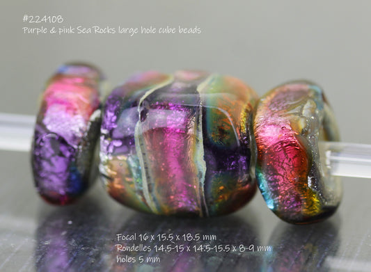 Trio de perles gros trou dégradé rose violet bleu Sea Rocks cubes #224108