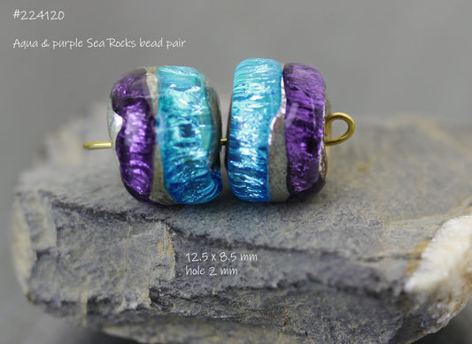 Pair of aqua & violet Sea Rocks beads #224120