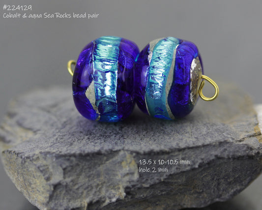 Cobalt & aqua blue Sea Rocks bead pair #224129