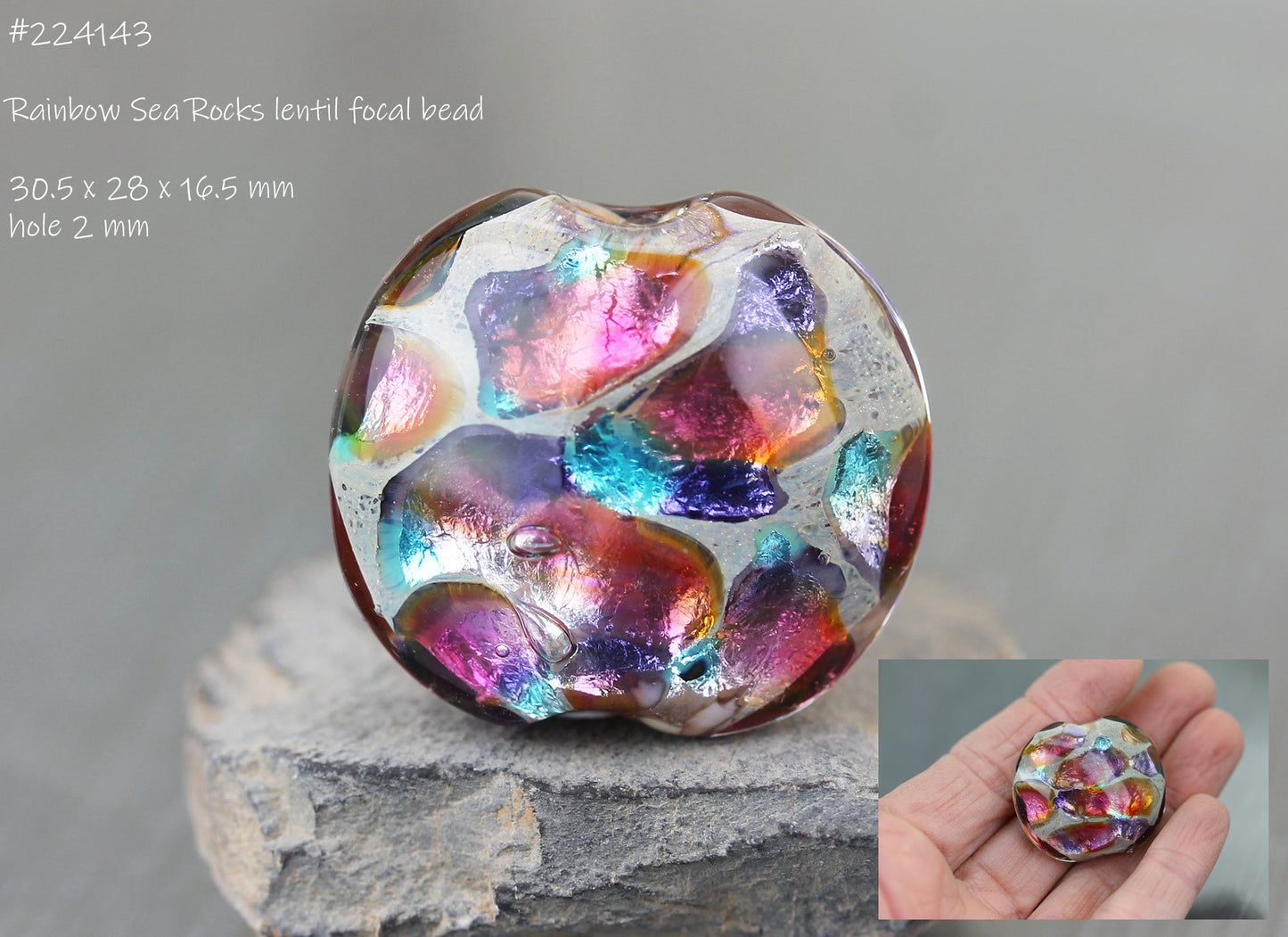 MTO Green, peach pink & purple Sea Rocks lentil focal bead  #224144