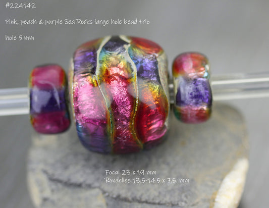 Trio de perles gros trou dégradé rose violet bleu Sea Rocks #224142