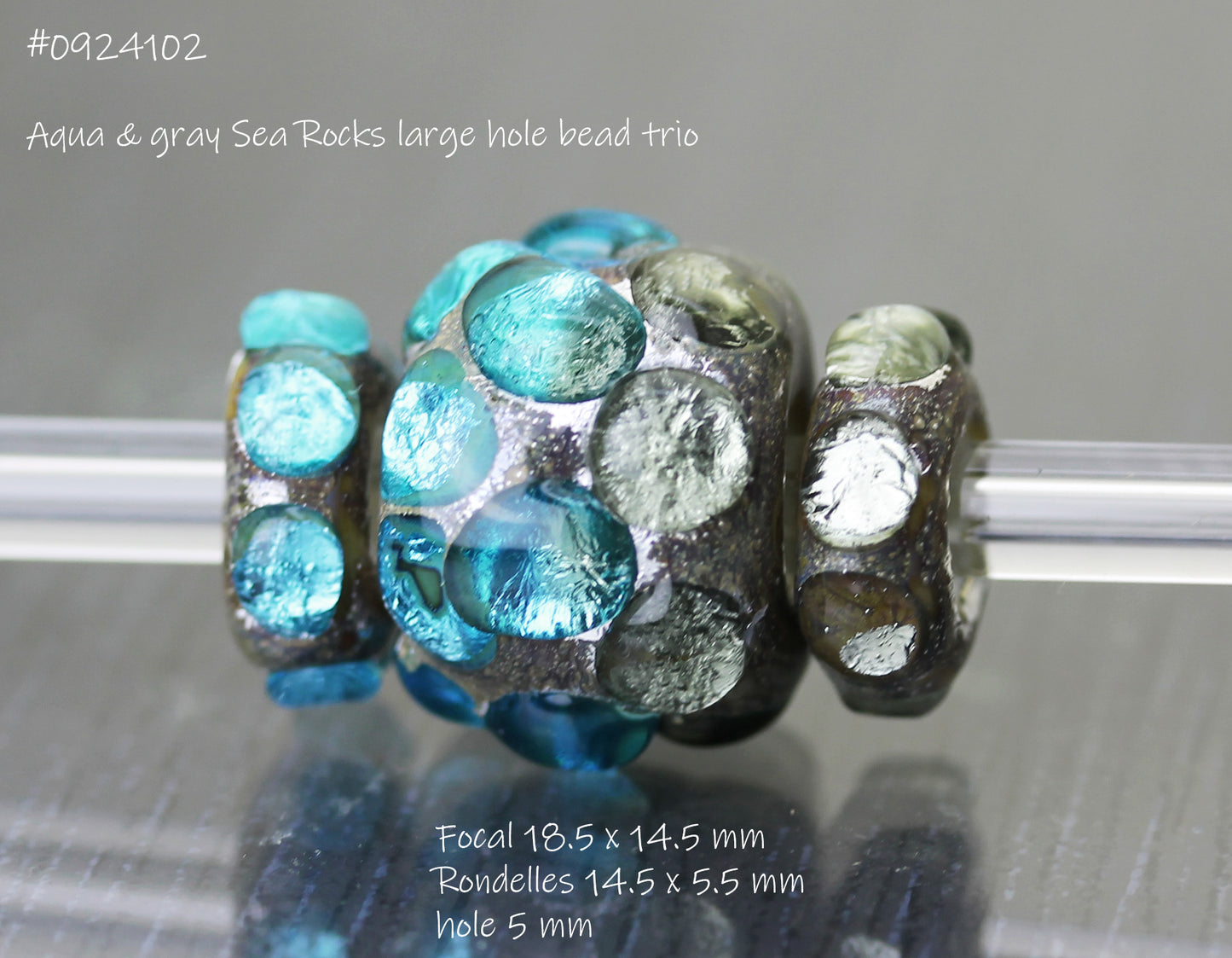 Aqua & grey large hole bead Sea Rocks trio #0924102