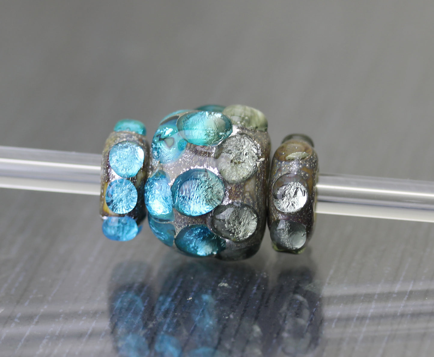 Aqua & gray large hole bead Sea Rocks trio #0924102