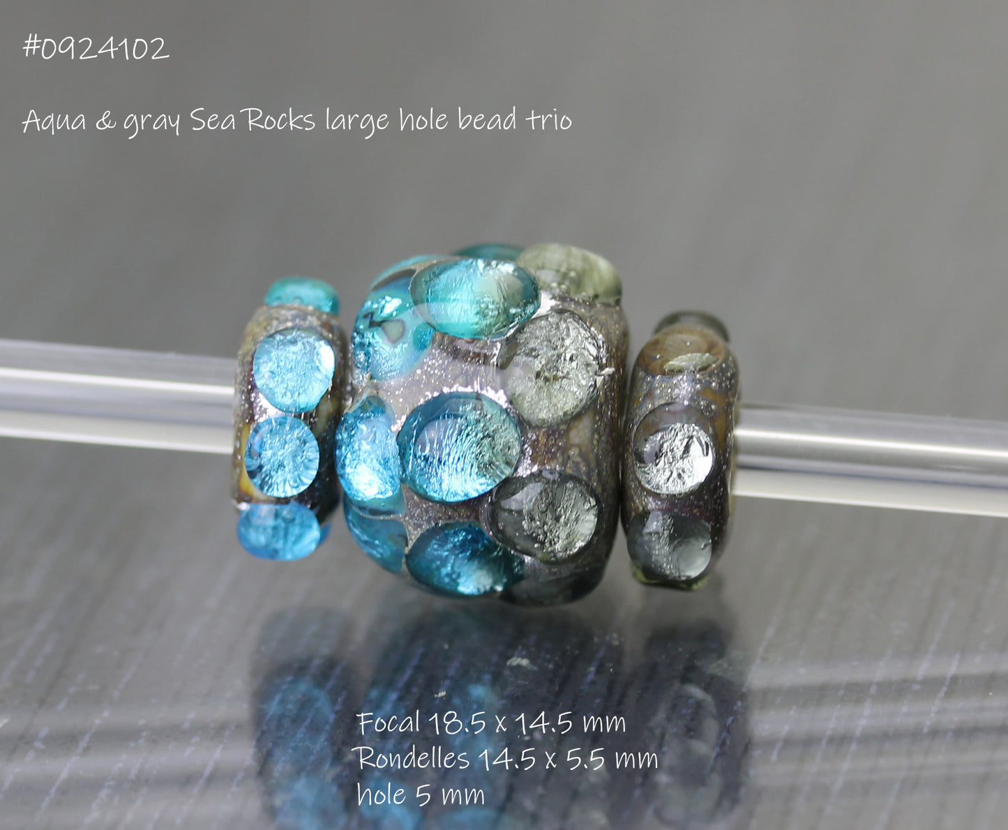 Aqua & gray large hole bead Sea Rocks trio #0924102