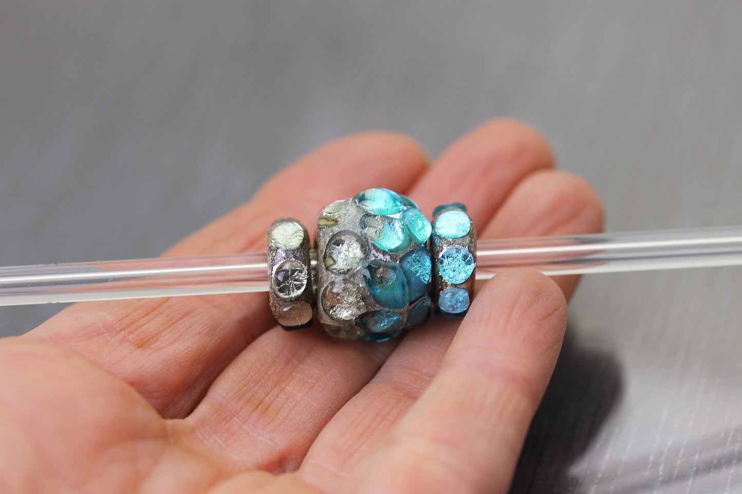 Aqua & gray large hole bead Sea Rocks trio #0924102