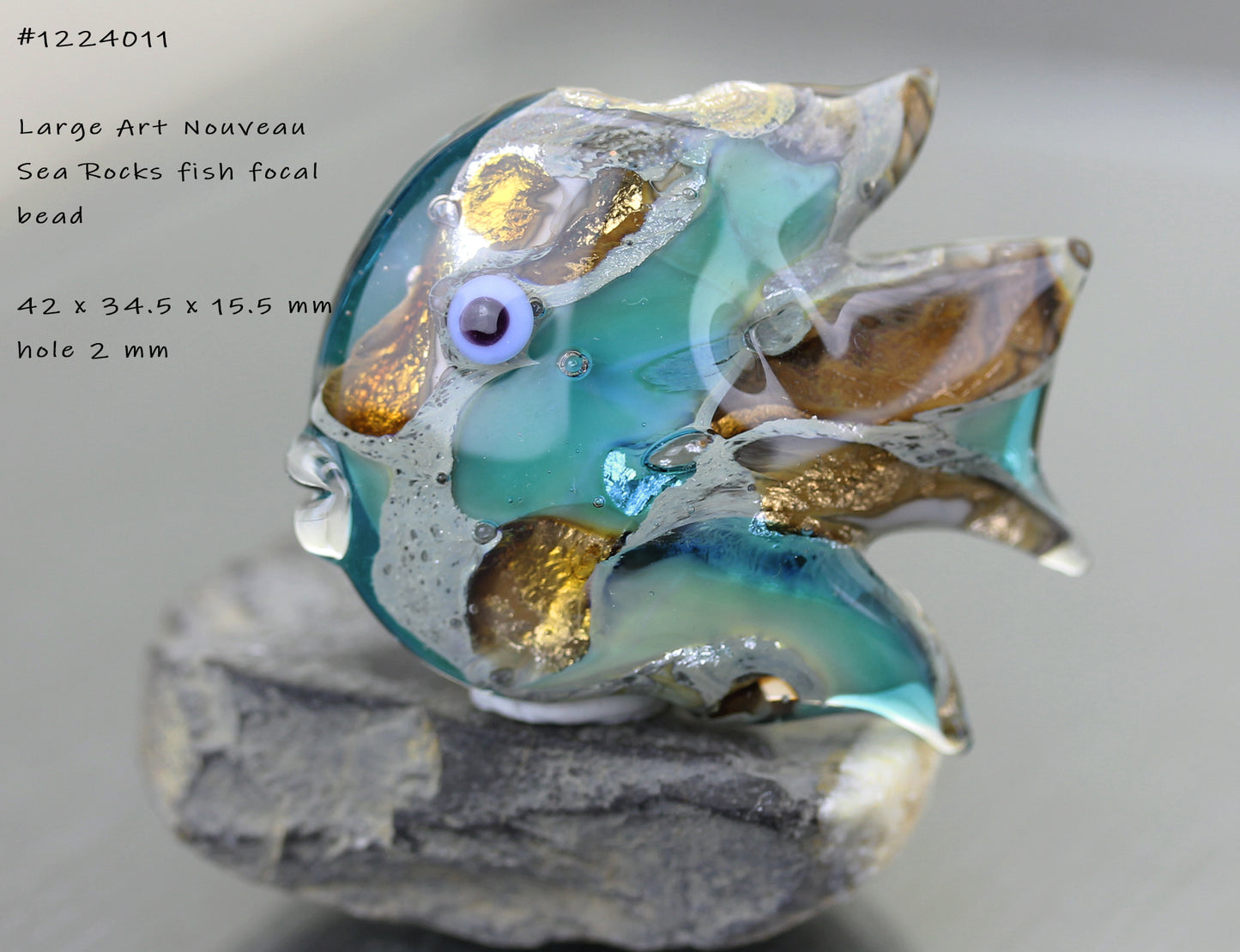 Turquoise & golden amber Art Nouveau Sea Rocks fish focal bead  #1124011