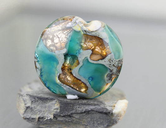 Turquoise & golden amber Art Nouveau Sea Rocks lentil focal bead  #0125015