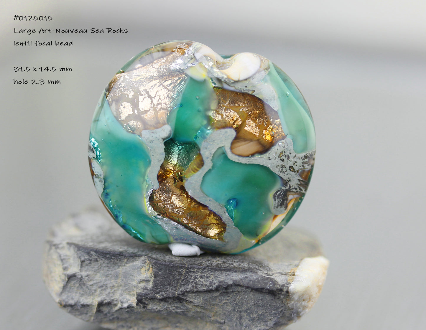 Turquoise & golden amber Art Nouveau Sea Rocks lentil focal bead  #0125015